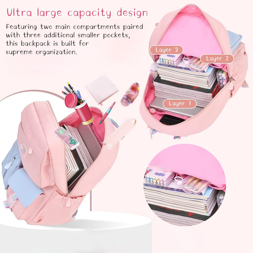 PALAY School Backpack for Girls with 31x13x44cm Capacity featuring Dual Main Compartments and Oxford Cloth Design | Pink for Ages 8–12