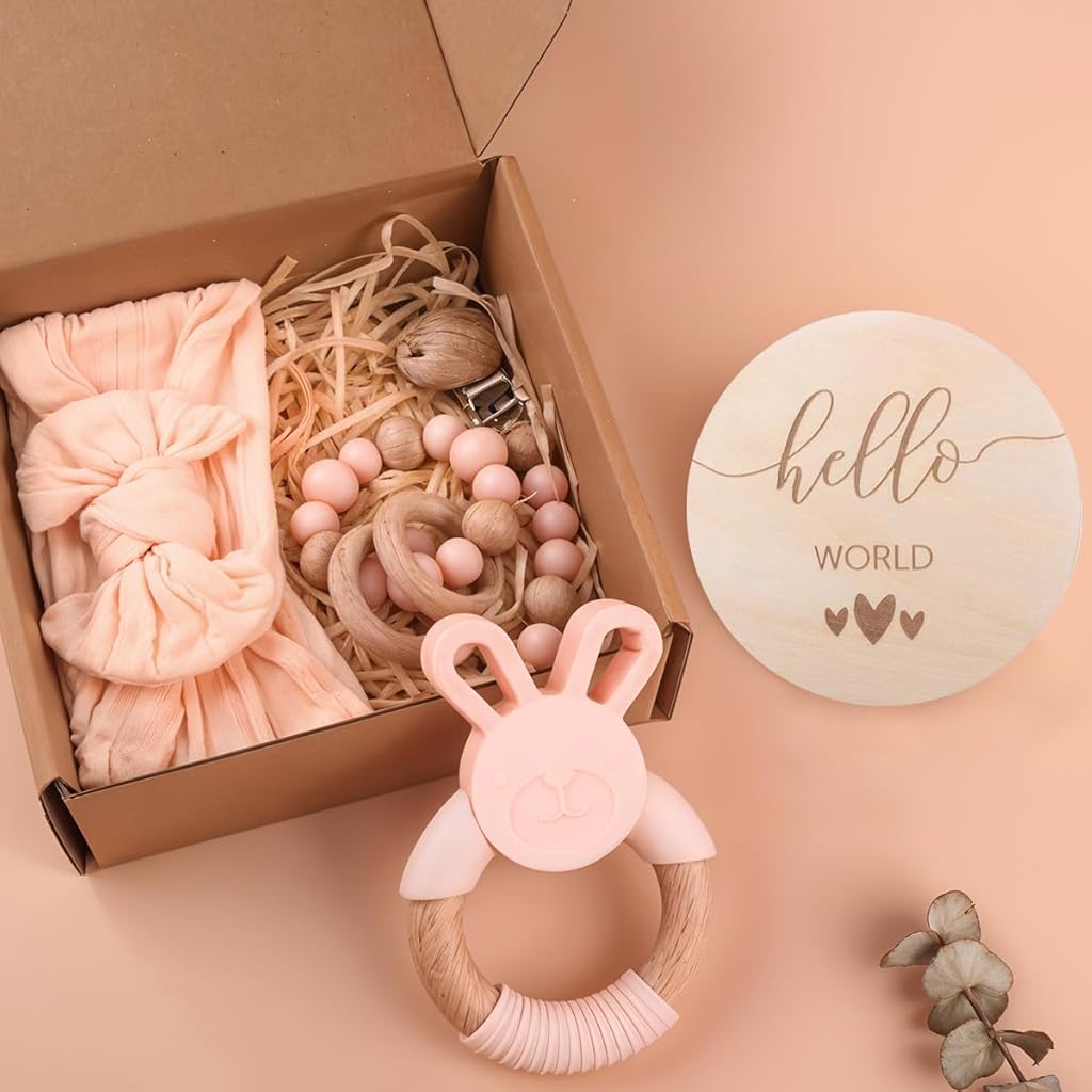 SNOWIE SOFT 5 Pcs Baby Girls Shower Gift Box Set New Born Baby Gifts Pink Bunny Baby Teether Pacifer Chain Clip Beaded Chain Soothing Toy Pink Bow Headband Food Grade Silicone Baby Teether