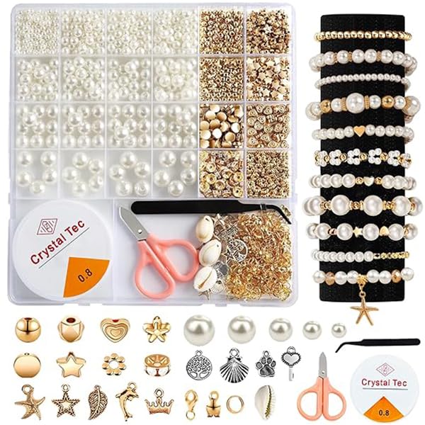SANNIDHI Pearl Beads Bracelet Making Kit 1200 pcs with Charms and Golden Spacer Beads | DIY Jewelry Set for Kids and Women