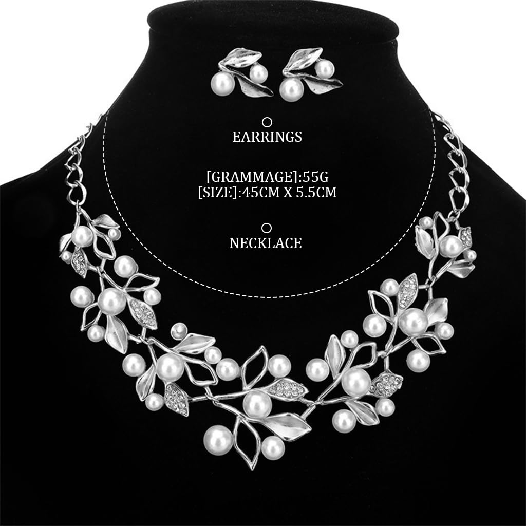Zibuyu Necklace and Ear Studs Combo Set with Floral Pearl Design and Silver Finish | Elegant Jewelry Gift for Women