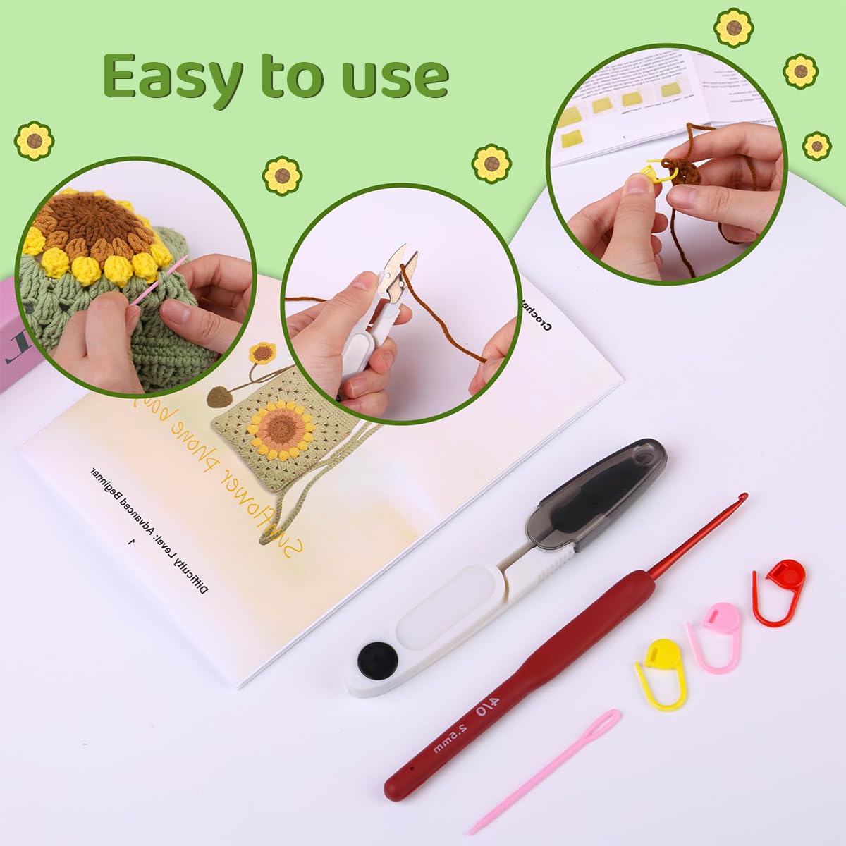 PATPAT DIY Crochet Phone Bag Material Kit for Beginners with Sunflower Pattern and Yarn Tutorial | Light Green Sling Craft Gift Set