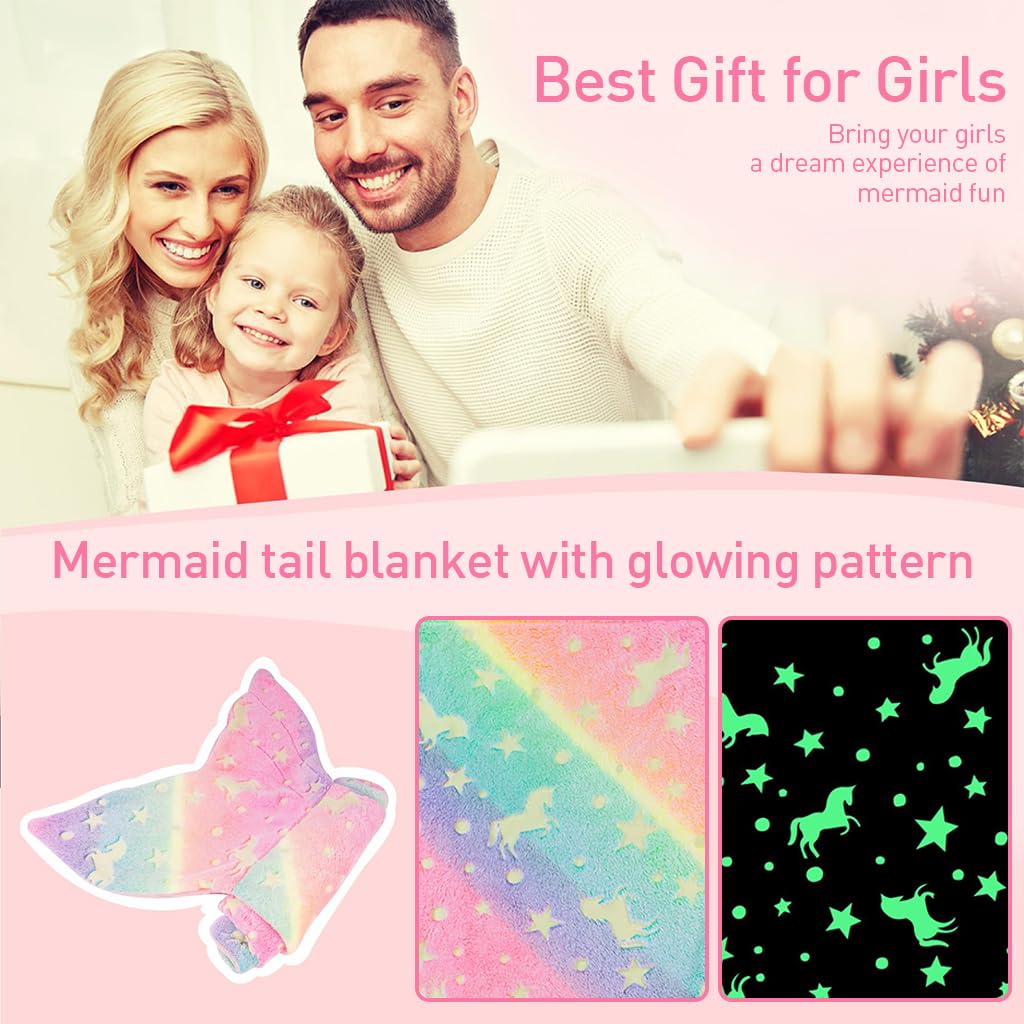 SNOWIE SOFT® Mermiad Tail Blanket For Kids, Flannel Cartoon Soft Blanket Glow In The Dark Kids Blanket Dreamy Travel Blanket Fish Tail Mermaid Blanket For Girls  -Birthday Gift For Girls Kids