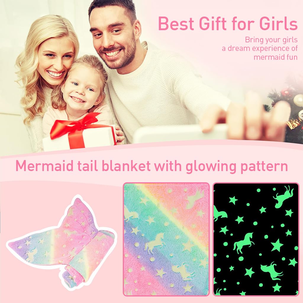 SNOWIE SOFT Mermaid Tail Blanket for Kids 17x39 in featuring Glow in the Dark Flannel | Cozy Gift for Girls