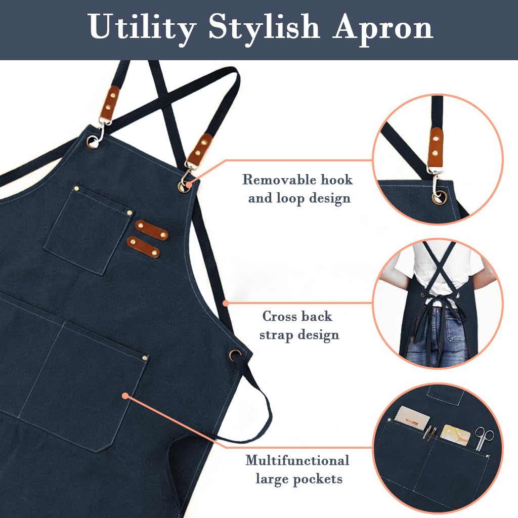 HASTHIP Canvas Work Apron for Kitchen and Workshop featuring Metal Eyelets | 3PCS Dark Blue