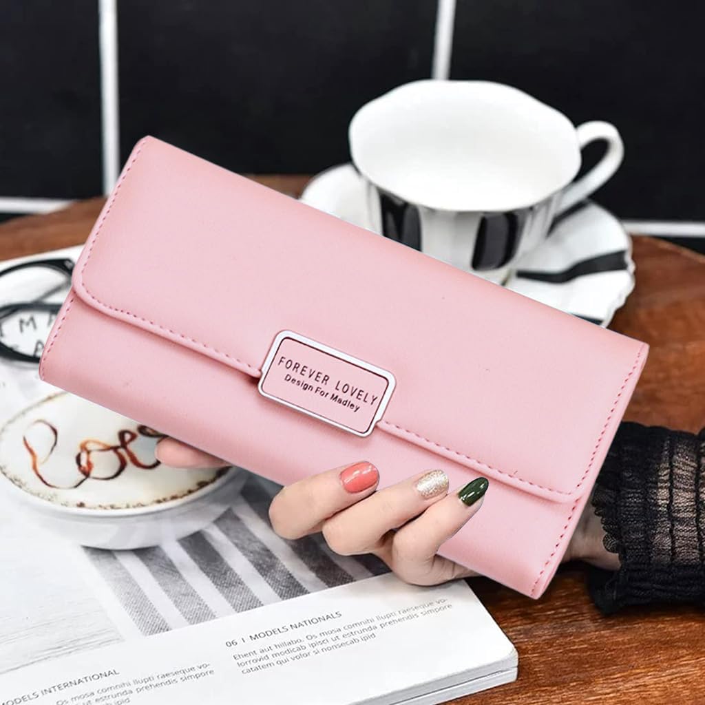 ZIBUYU Hand Purse for Women featuring 10 Card Slots and Zipper Pocket in Pink PU Leather | 19cm x 9.5cm Travel Wallet