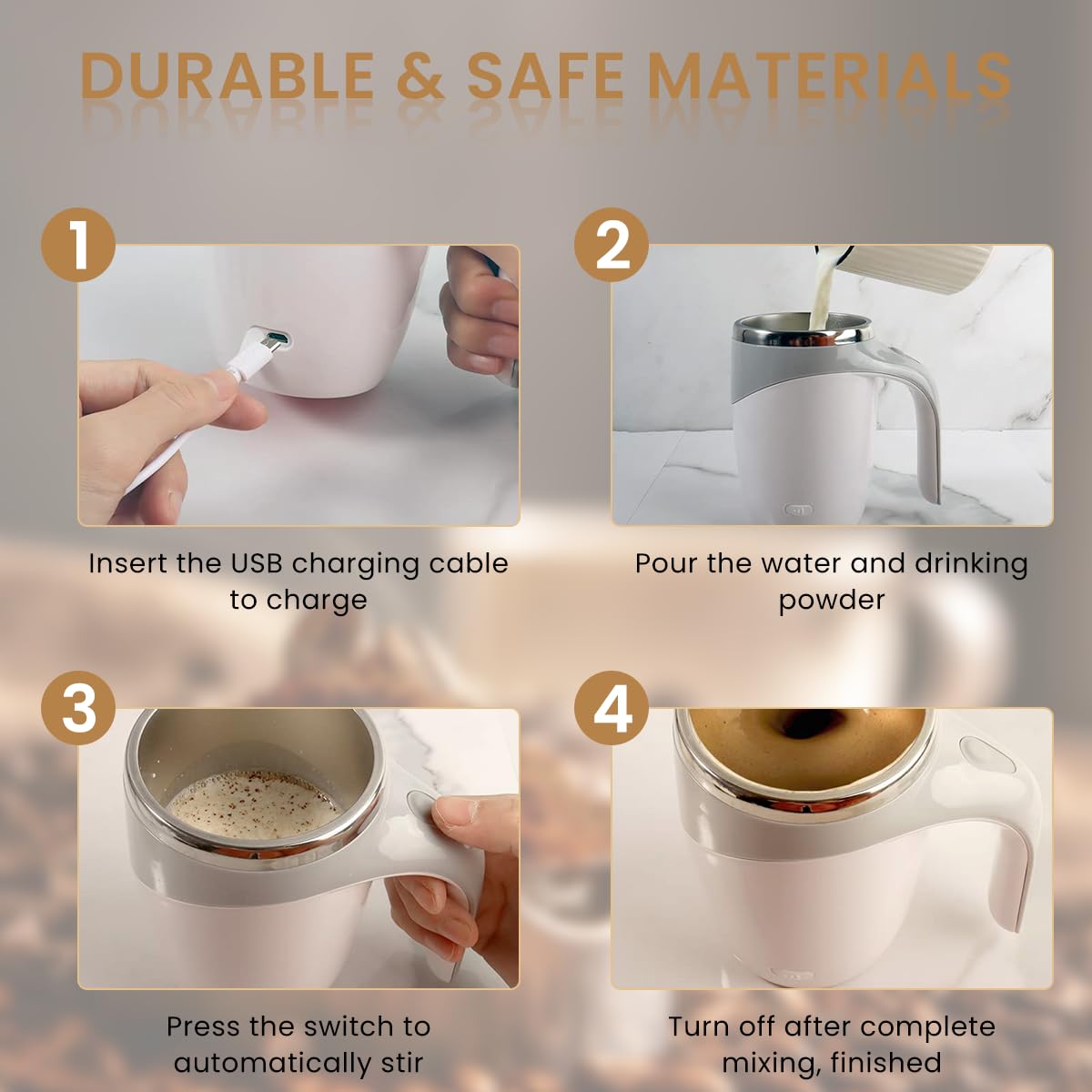 Supvox Self Stirring Mug for Coffee and Tea with 380ml Capacity featuring Magnet Auto Mixing and 304 Stainless Steel | USB Rechargeable Cup