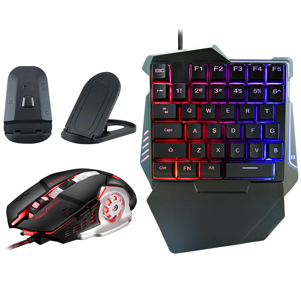 Verilux® 4 in 1 One Hand Gaming Keyboard and Mouse Combo, 35 Keys Wired RGB LED Backlit One Hand Keyboard, USB Wired Gaming Mouse, Converter Adapter for PUBG/Laptop PC Game and Work