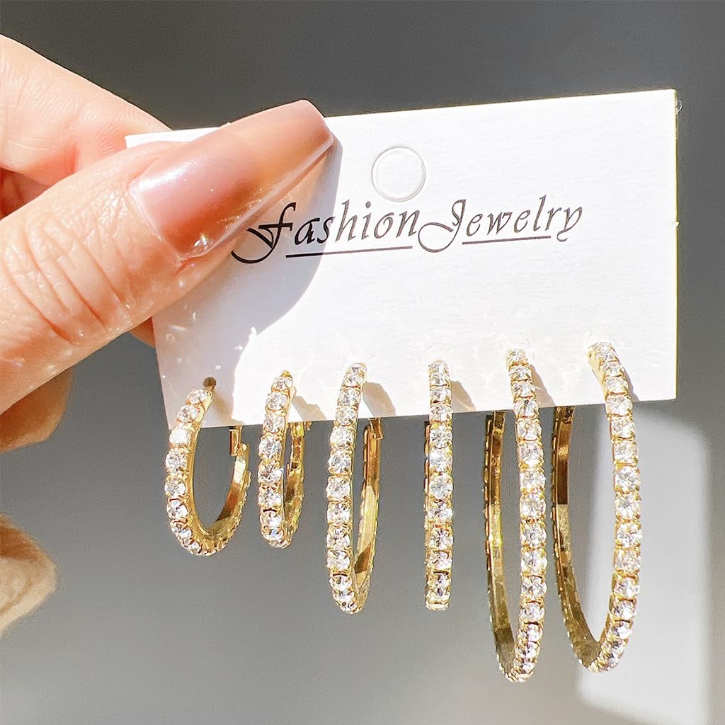 SANNIDHI Hoop Earrings Set for Women with Rhinestone Design 3 Pairs 2.5cm–4.4cm | Hypoallergenic Gold Jewelry