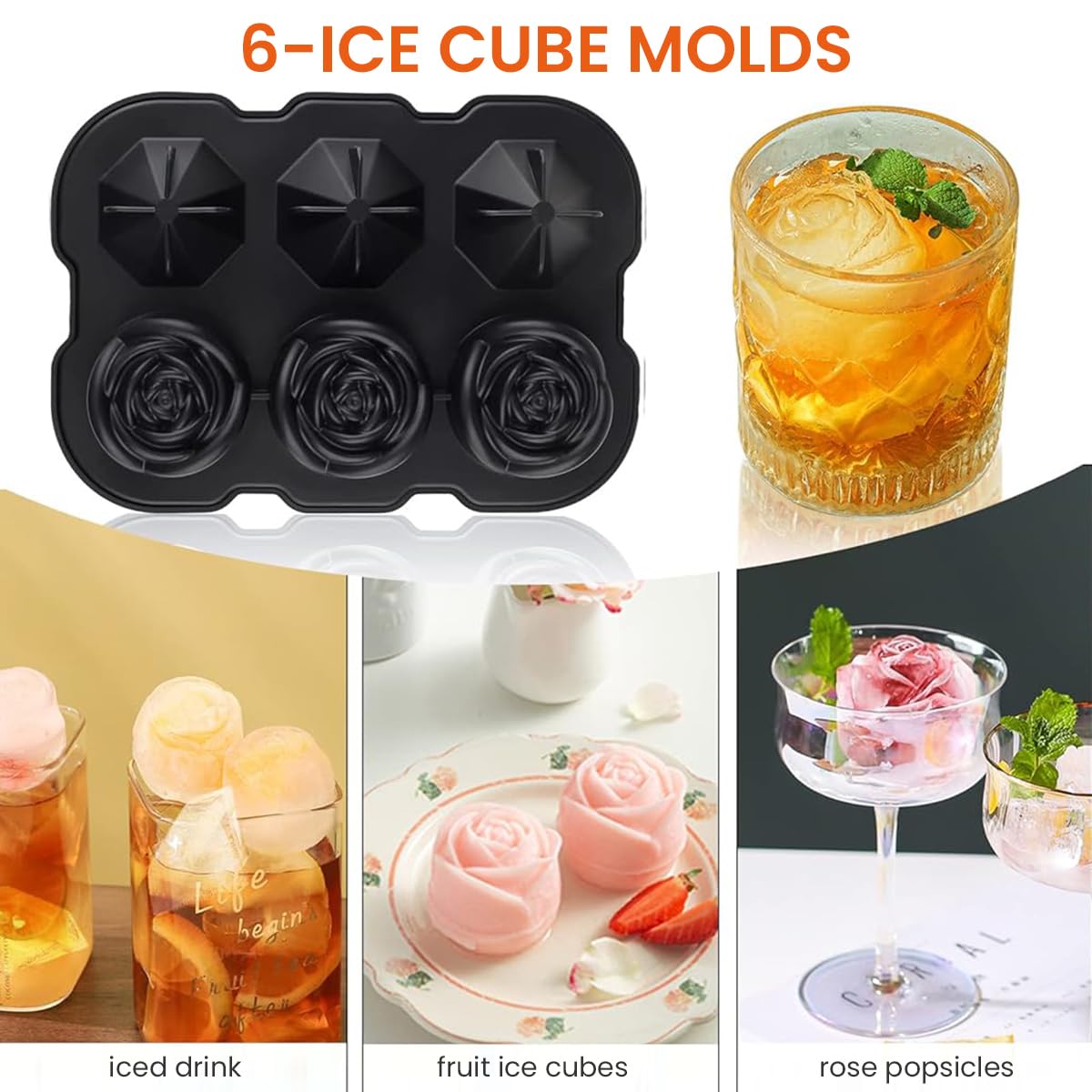 HASTHIP Silicone Ice Cube Trays for Cocktails and Whiskey with 2 in Rose and Diamond Molds | Easy Release Food Grade Design