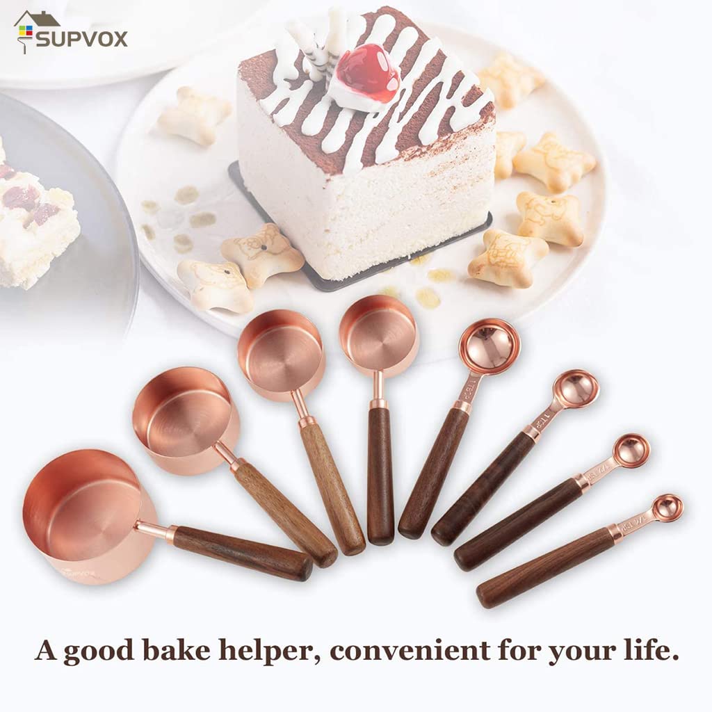 Supvox® 8Pcs Measuring Cups and Spoons Set, Stainless Steel Measuring Cup with Wood Handle, Rose Gold Polished Finish, 60ml/80ml/125ml/250ml/1.25ml/2.5ml/5ml/15ml, for Cooking and Baking