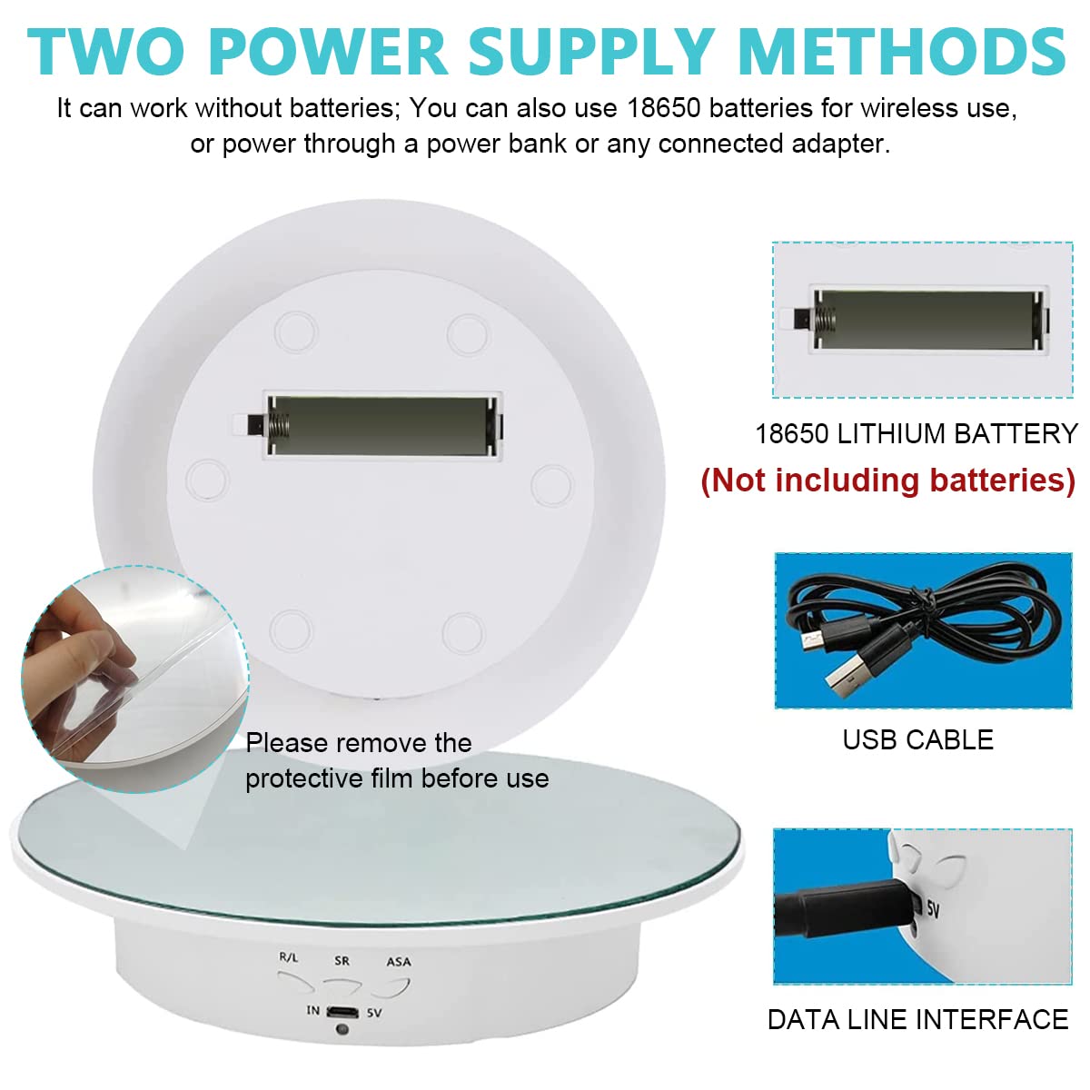 Supvox® 1Pcs Rotating Display Stand with Mirror Finish, USB Charge 360 Degree Rotating Turntable, 20CM/Load 8KG, Multi-Functional Rotary Table for Photography, Jewelry, Cake (Without Battery)