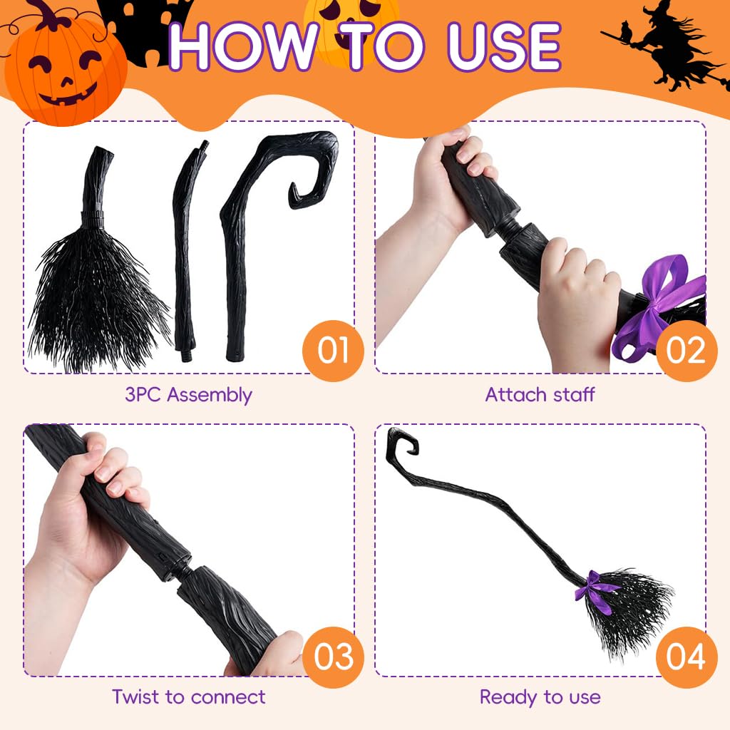 PATPAT Halloween Witch Broom with Purple Ribbons Decor 55'' Witch Broom Halloween Home Decro Props Kids Cosplay Prop Magic Witch Broom Prop for Halloween Party, Cosplay, Birthday Party