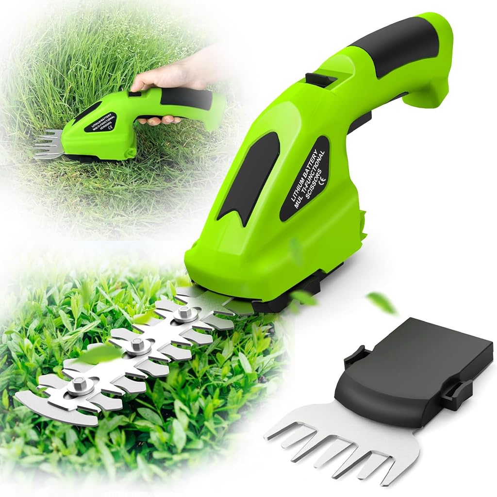 HASTHIP® Electric Grass Shear Compact 2 in 1 Handheld Cordless Grass Shear Weed Cutter with 2 Interchangeable Blades Multipurpose USB Rechargeable Handheld Grass Hedge Clipper