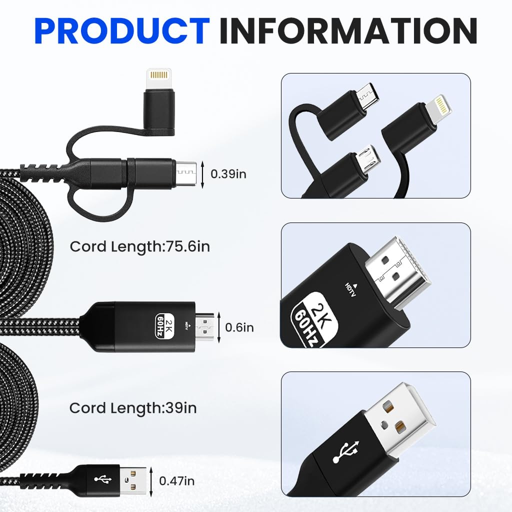 Verilux 3 in 1 USB to HDMI Cable for iPhone and Android 2M 2K@60Hz | Plug and Play Screen Mirroring