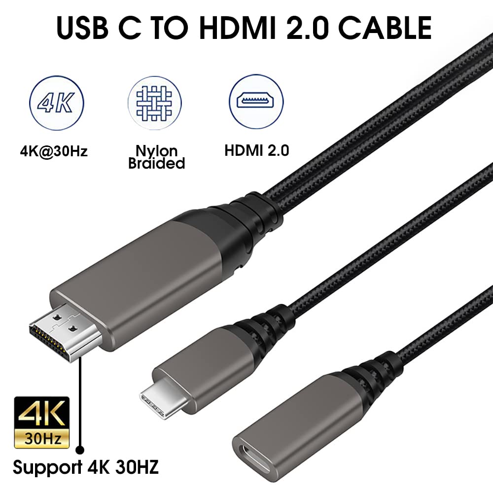 Zeitel USB C to HDMI Adapter Cable 6ft 4K@30Hz with PD 60W Charging Port and Braided Design