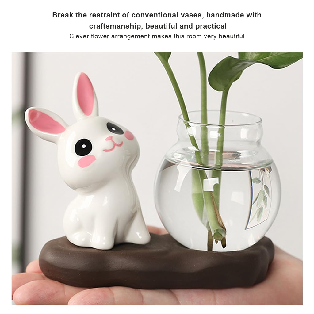 HASTHIP Mini Glass Hydroponics Pot Set for Desk Decor with 6.5x7cm Glass Pots and Compact 12x6cm Base | Cute Ceramic Bunny Ornament Gift