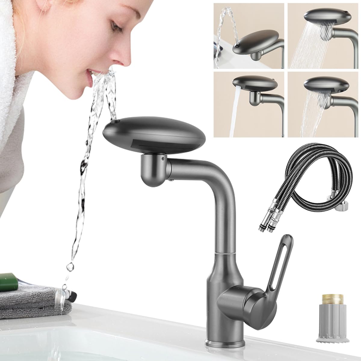 HASTHIP® Waterfall Bathroom Sink Faucet, 4 Modes Single Hole Bathroom Faucet, 360° Rotating Single Handle Bathroom Faucet 1 Hole, Modern Swivel Bathroom Faucet, with 1/2