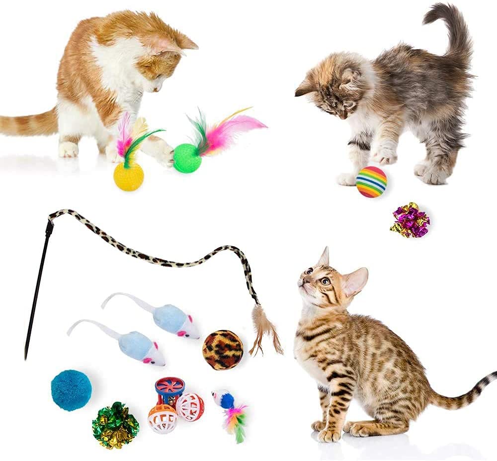 Qpets® Cat Toys Kitten Toys Cat Toy for Indoor Cats Cat Feathers Wand Cat Interactive Toys Set with Mouse Mice Balls and Bells Toys for Cats Kitten Toys for Kttens to Play