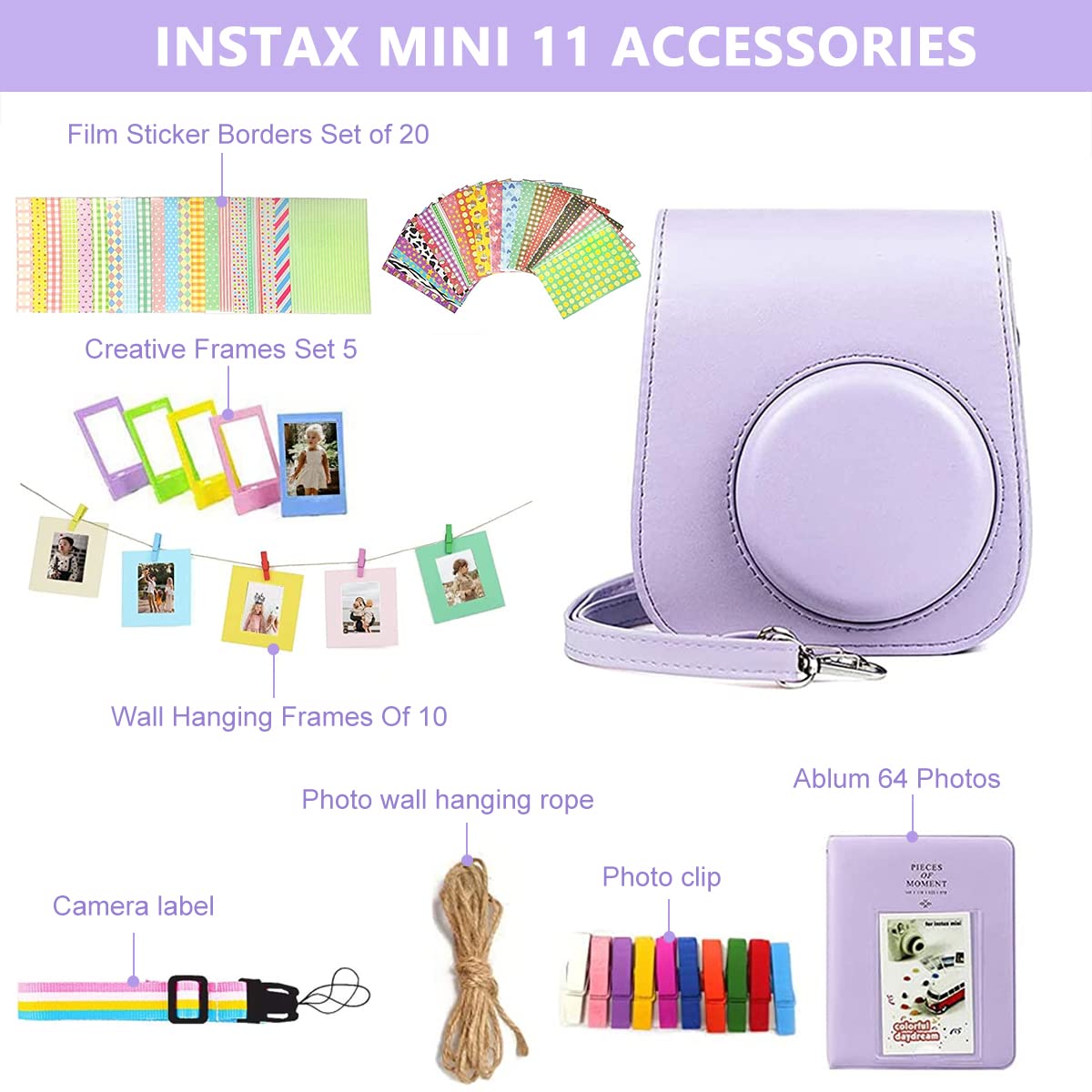 ZORBES® Instax Mini 11 Accessories Includes Camera Case/Photo Album/Photo Frames/Hemp String/Photo Clips/Easy Desk Photo Frames Instax Mini 11 Photo Decoration Accessories Kit