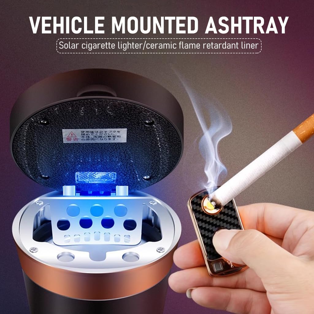 STHIRA Car Ashtray for Vehicle Cup Holder with Solar and USB Electronic Lighter | Black Ceramic Liner