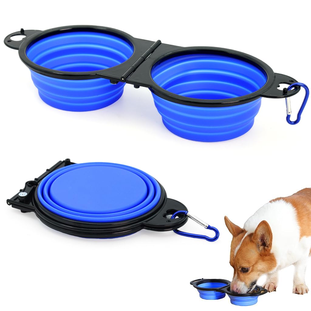 Qpets® Dog Bowl Outdoor Folding Dog Bowl 2 in 1 Dog Feeding Bowl Food Bowl Water Bowl for Travel, Hiking Food Grade Silicone Material Convenient Bifold Dog Car Food Bowl with Carabiner