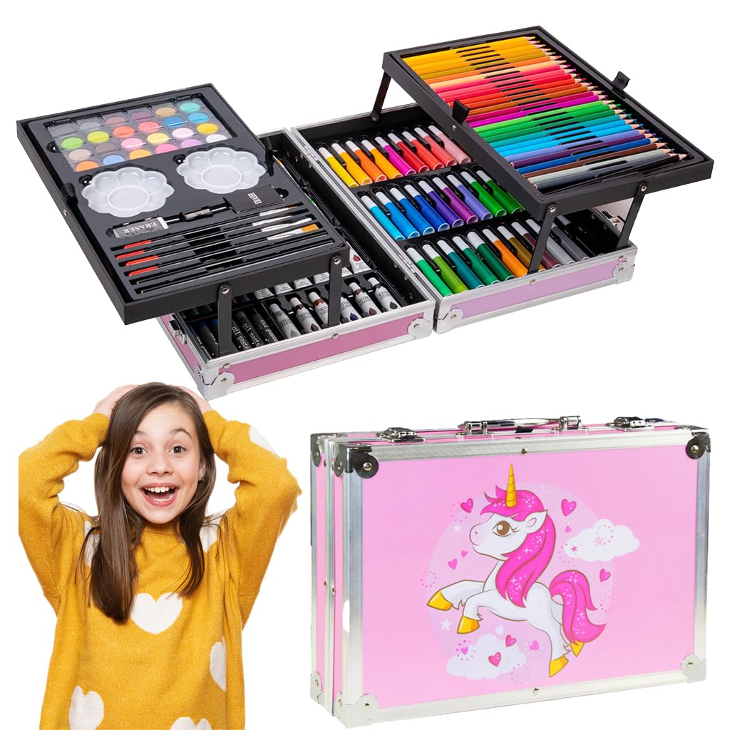 HASTHIP® 145 Pcs Art Painting Set Color Painting Pen Watercolor Paint Color Pencils Painting Brushes Gift Art Set with Unicorn Suitcase Deluxe Color Painting Set 'Day Gift for Kids