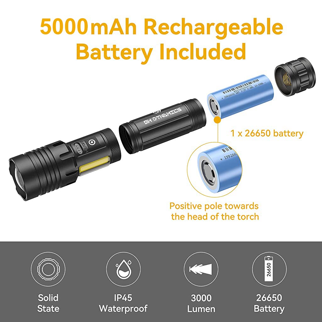 ELEPHANTBOAT  3000 Lumens Rechargeable Flashlight, Long Distance Torch, Super Bright XHP70 Powerful Led Tactical Flashlight, Brightest High Powered Flash Light, Emergency Handheld Flashlight