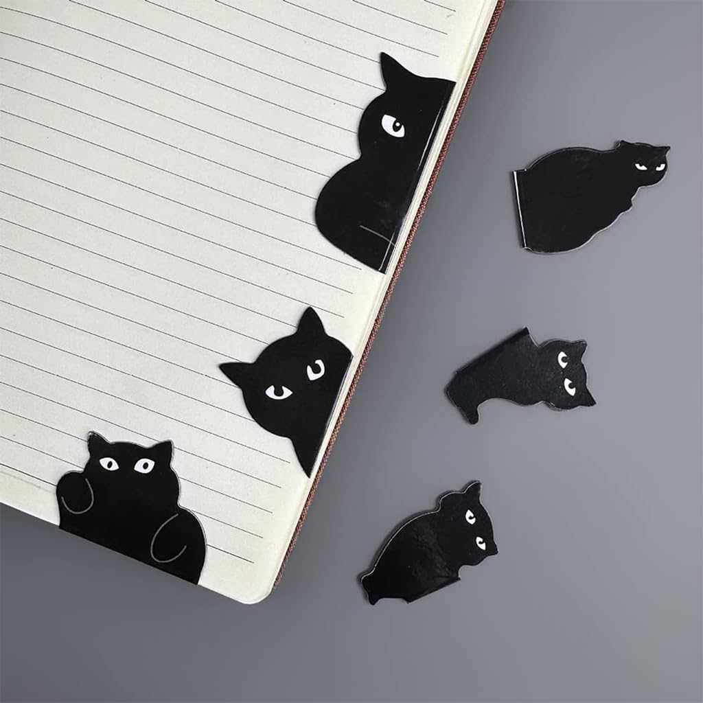 ZIBUYU Black Cat Magnetic Bookmarks 6 Pc Set with Secure Fold Over Magnets for Readers | Cute Kawaii Page Markers for School and Office Use