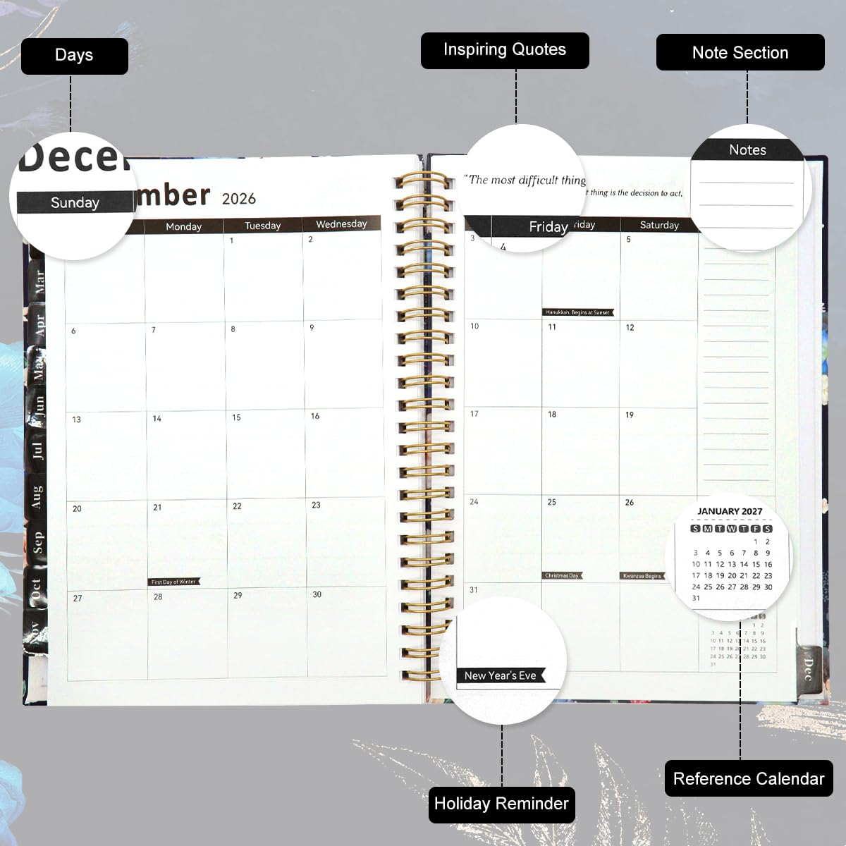 OFIFO Weekly Planner 2026 for Office and Study with Spiral Binding and Floral Hardcover | A5 Organizer Notebook with Elastic Band