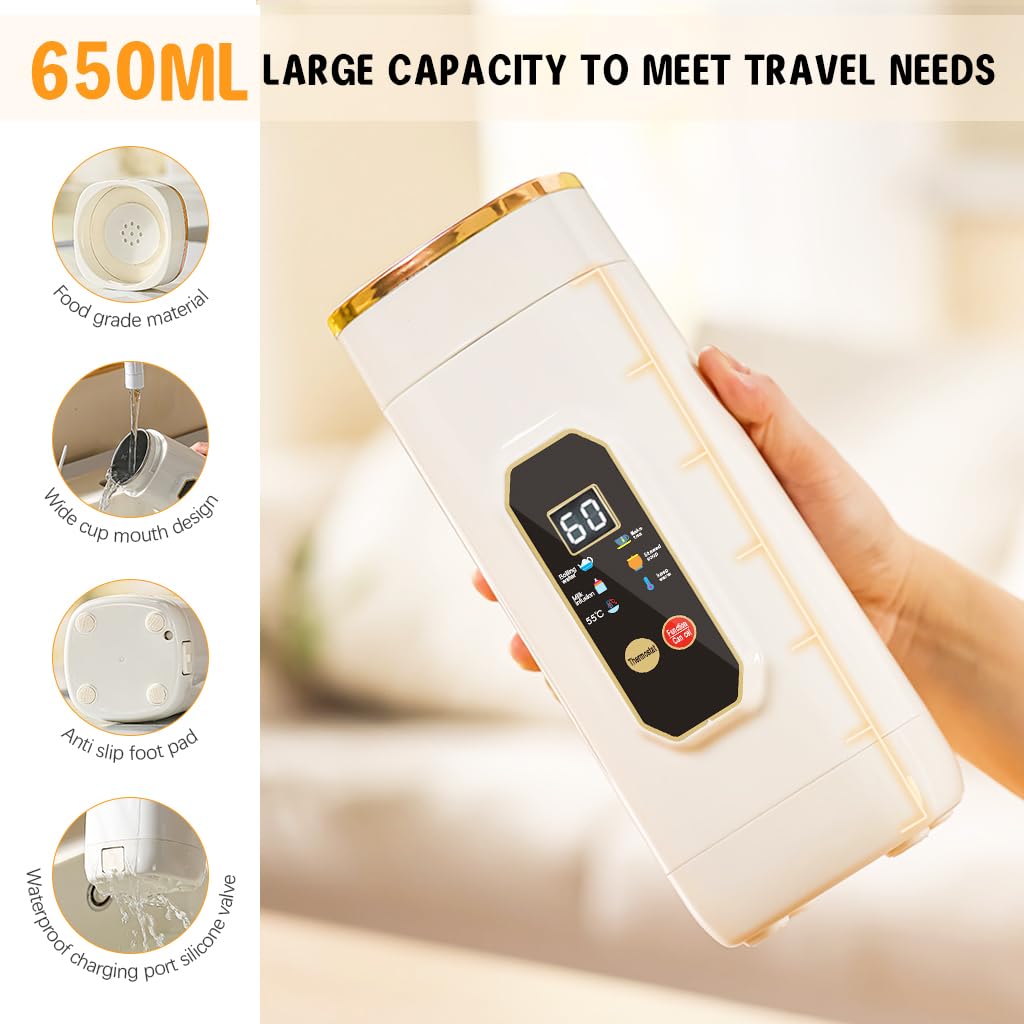 Supvox® 650ml Electric Kettle with 6 Preset Modes Thermal Water Bottle Stainless Steel Liner LCD Temperature Display Travel Electric Kettle Multipurpose Travel Electric Thermal Kettle with Lanyard