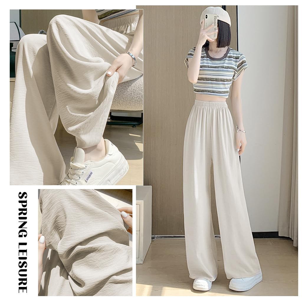 SANNIDHI Women High Waisted Wide Leg Pants for Summer with Elastic Waist and Flowing Tuck Design | Elegant Beige Palazzo Trousers