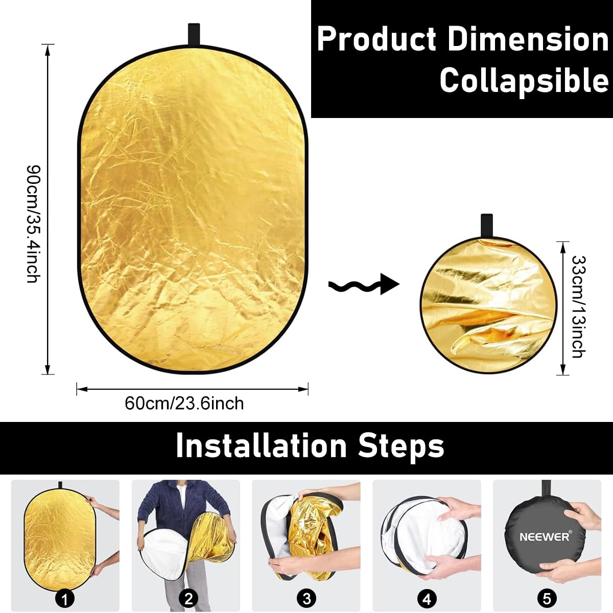 ZIBUYU Reflector Photography Kit for Studio and Outdoor Shots with 24x36 Foldable Design | Silver Gold White Black Translucent Diffuser