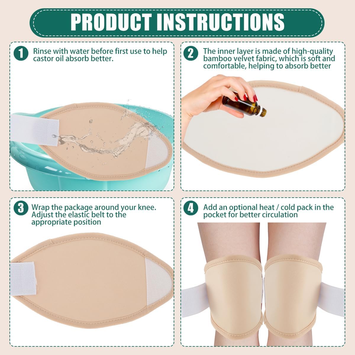 HANNEA Castor Oil Pack Set for Knee with Adjustable Elastic Strap and Cotton Pads | Reusable for Pain Relief and Circulation