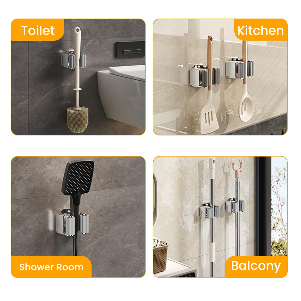 HASTHIP Broom and Mop Holder for Garage and Kitchen with Non Slip Design | Pack of 2 Stainless Steel Wall Mount