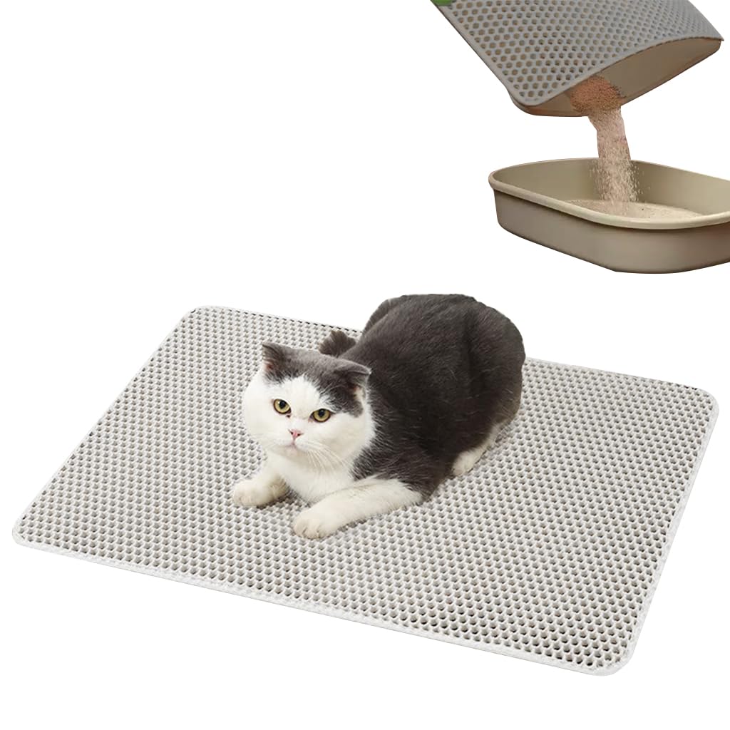 Qpets® Cat Litter Mat, 23.6 by 35.4 inches Litter Mat Honeycomb Hole Double Layer Open Edge Design, Reuseable & Washable EVA Cat Litter Catcher for Litter Box Cat Litter Tray (Grey)