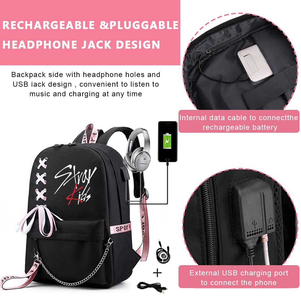 PALAY K-pop Stray Kids Backpack for School and Travel with USB Outlet and 40×15×30cm Capacity | Black Laptop Bag for Girls