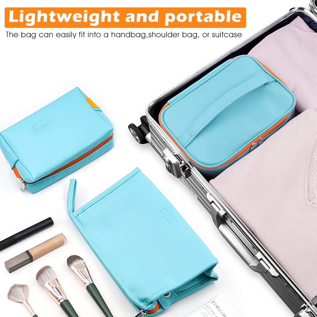 ZIBUYU Makeup Organizer Bag for Travel and Home with Waterproof PU & Zippered Pouch Set 3 Piece | Blue Cosmetic Bags for Women