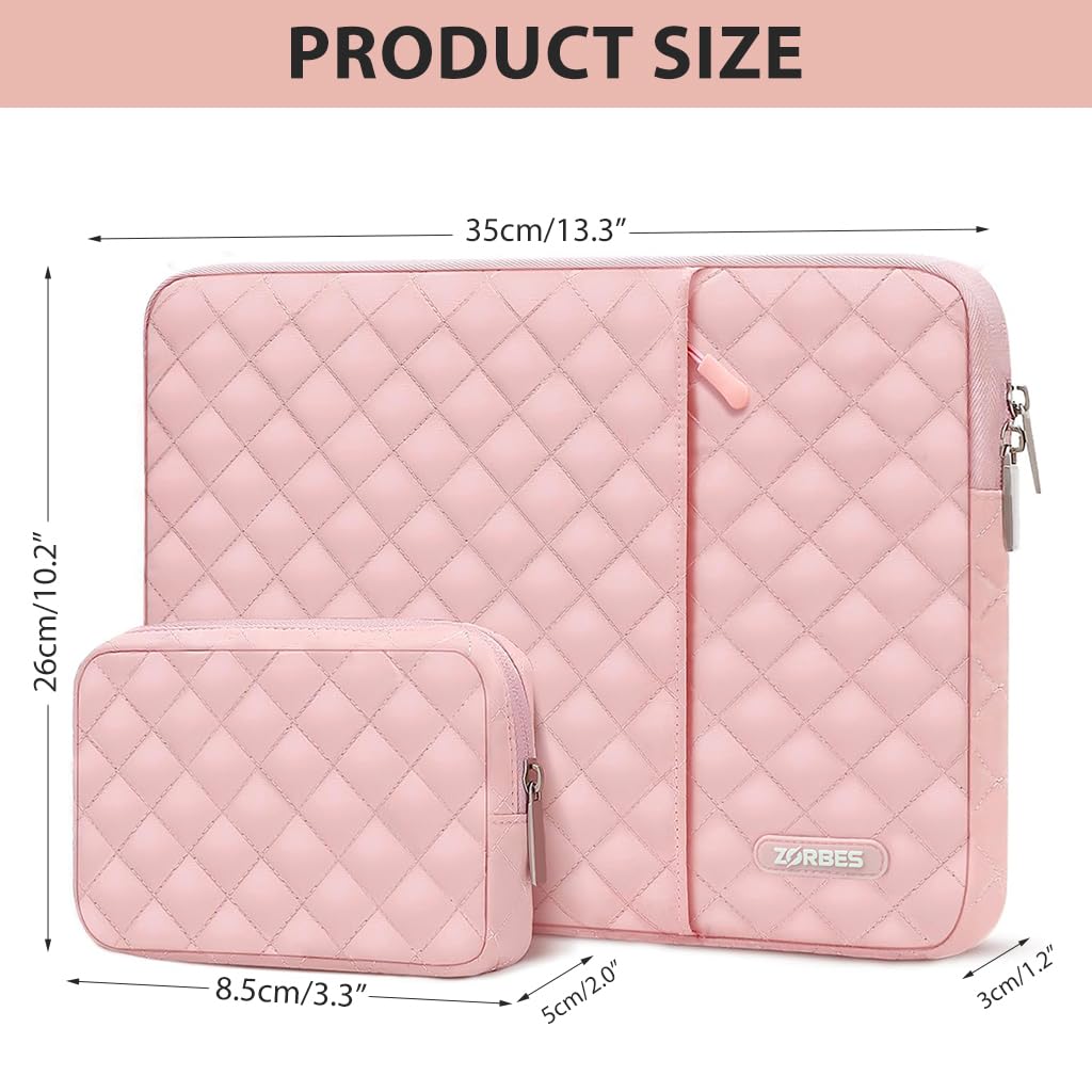 ZORBES Laptop Bag for Travel with Dual Zipper Compartment and Waterproof Quilted Design | 13 in Sleeve and SSD Pouch Pink