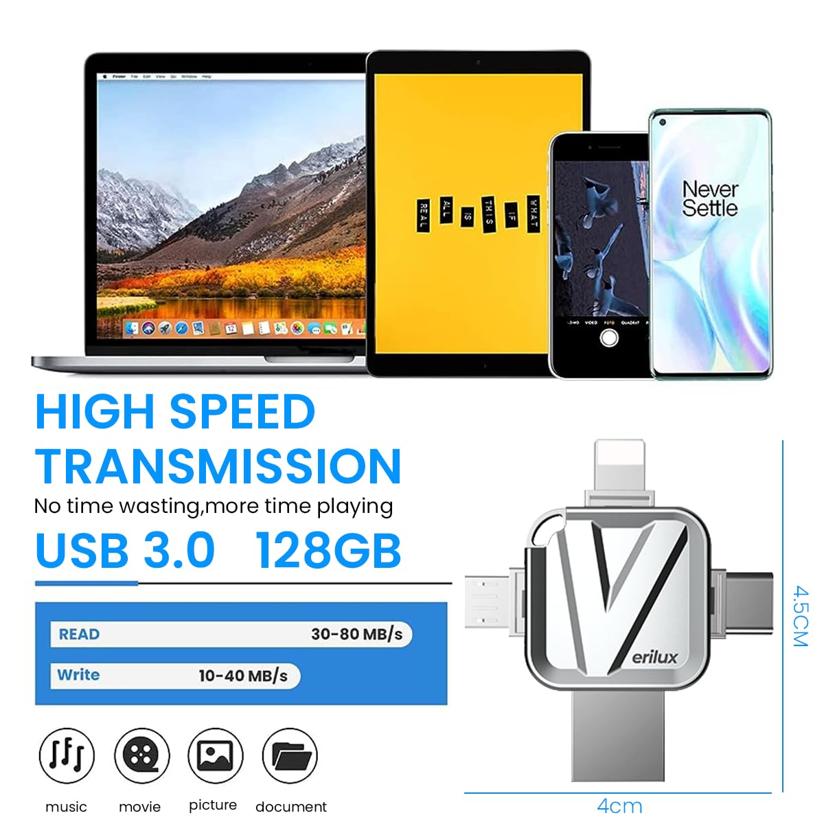 Verilux® Pendrive 128GB 4 in 1 Flash Drive with Light-ning, Micro USB, USB A, Type-C Interface - High Speed Mini Hangable Pen Drive for iOS & Android, 128GB Storage Capacity - Premium Metal Texture