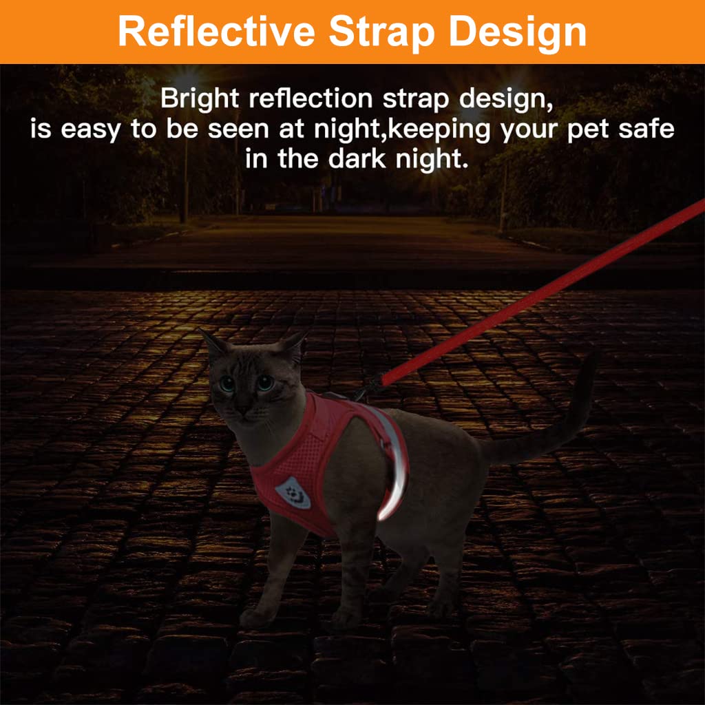 Qpets Cat Harness with 1.2m Dog Leash Adjustable Size Cats Vest Harness Breathable Mesh Fabric with Safety Reflective Strip Dog Harness for Cat Small Dog(M, Red)