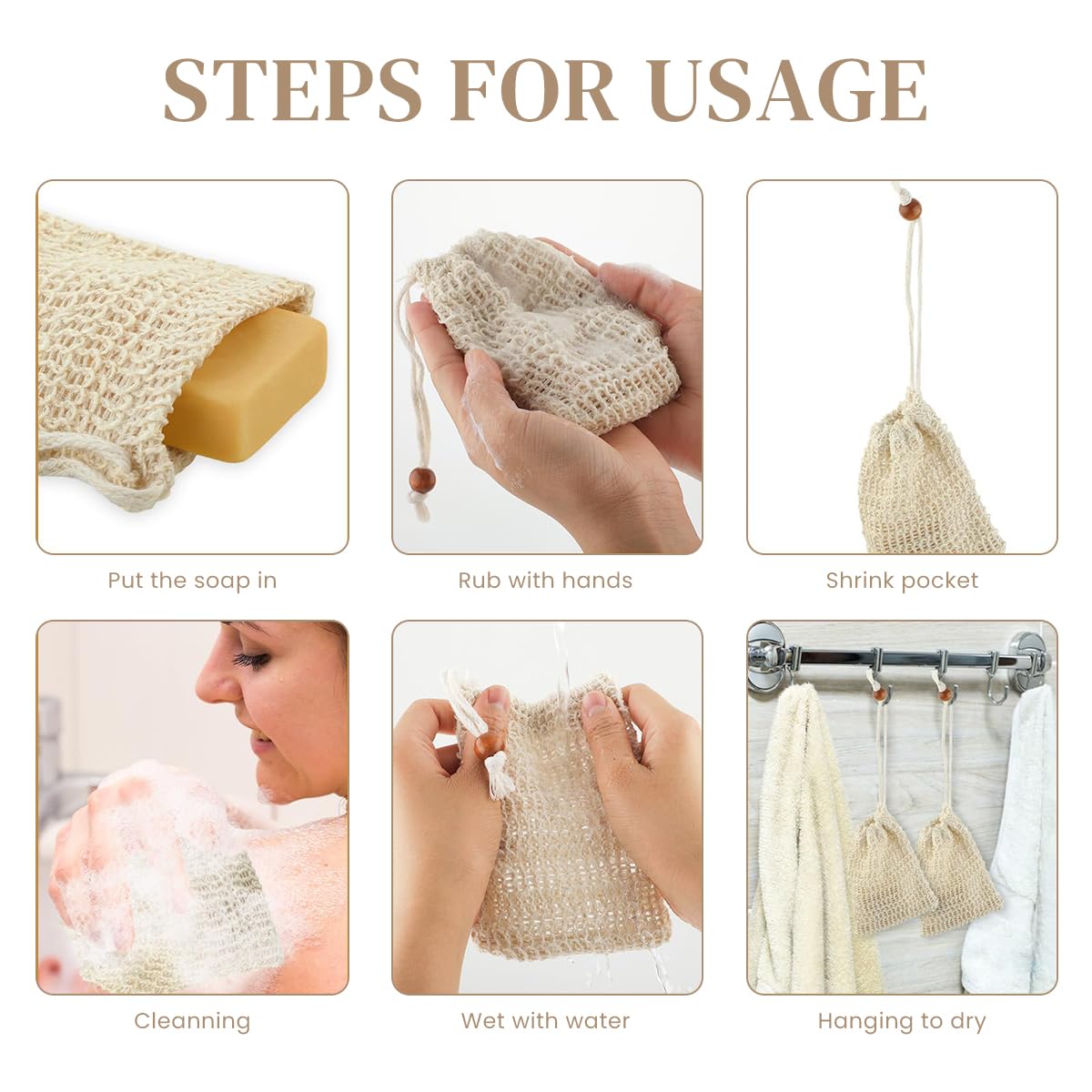 HASTHIP Soap Bag for Bath and Shower Use with Drawstring Design 10 Pack Natural Sisal | Exfoliating Foaming and Drying Soap Saver Pouches