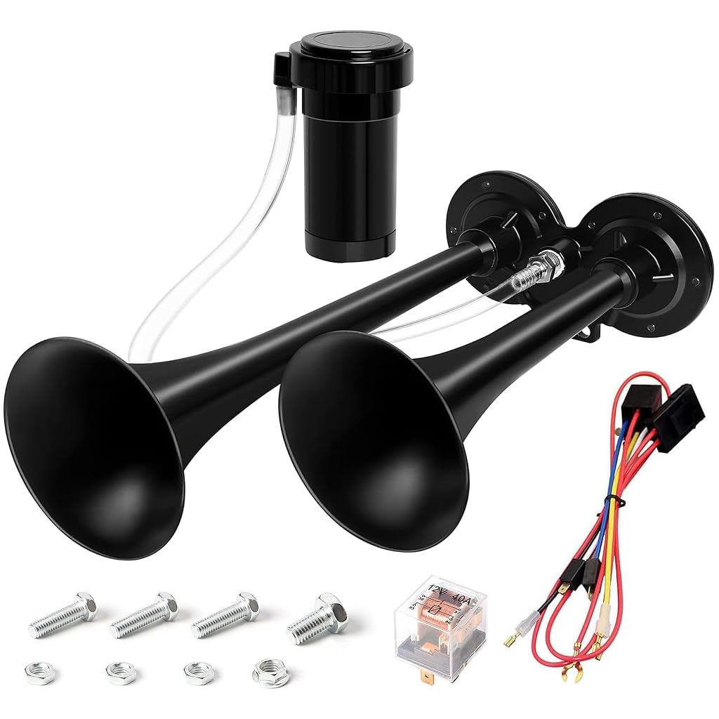 STHIRA® Car Horn Air Horn Kit 150db Double Horn Loud Air Horn for Verhicals Zinc Alloy Horn Verhical Modification Air Horn for 12V Vehicals Trucks Pickup Trains Cars Boats