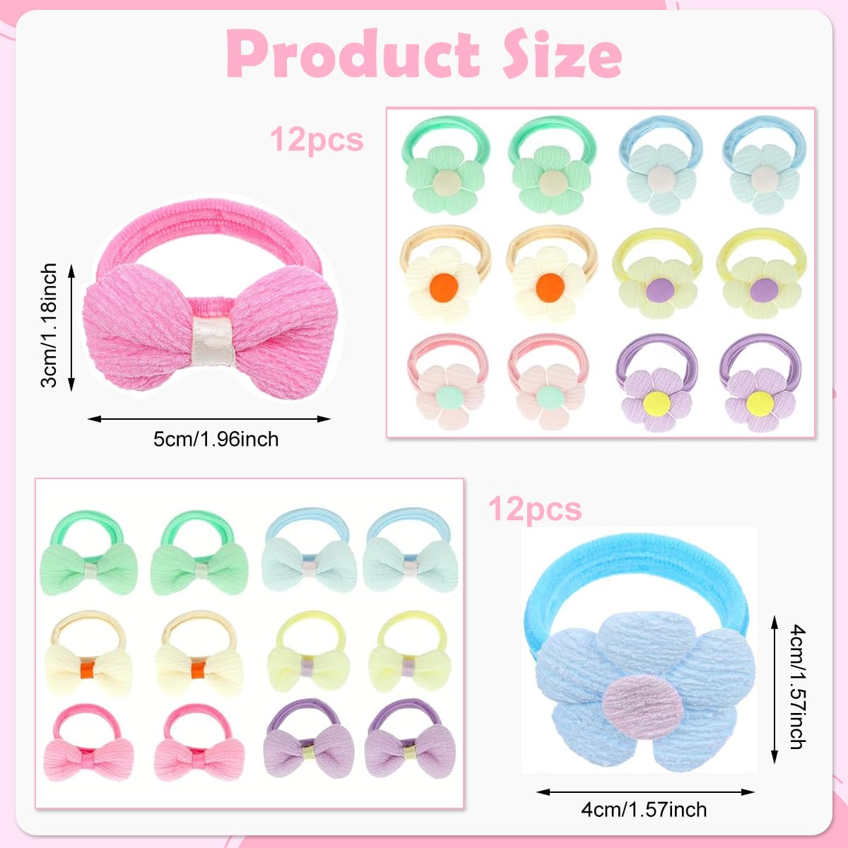 PATPAT Colorful Flower Bow Rubber Bands for Girls with Elastic Stretch | 24 Pcs Non Slip Hair Ties