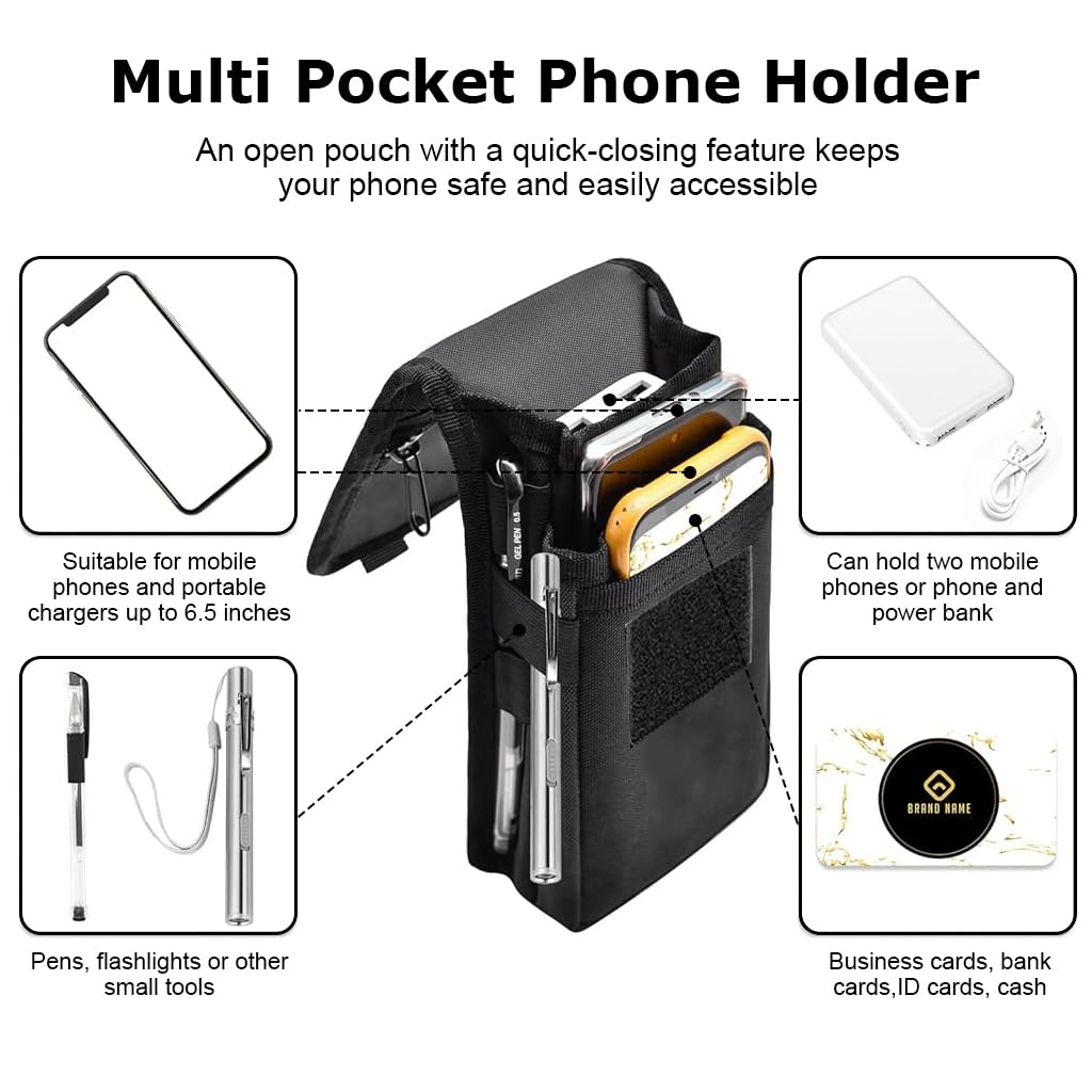 GUSTAVE® Mobile Pouch for Men, Multipockets Phone Holder Phone Holster with Carabiner Flip On Cell Phone Case Universal Large Size, Gift for Men, Husband, Father