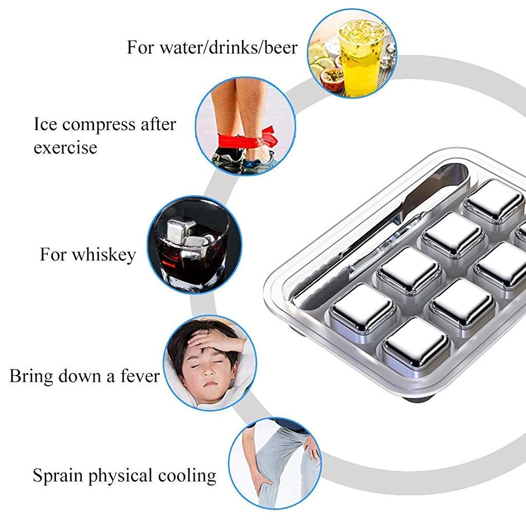 Supvox® Stainless Steel Ice Cubes Reusable, 8 Piece Whiskey Ice Cubes Set with Silicone Head Tongs and Ice Cube Trays (Pack of 8)