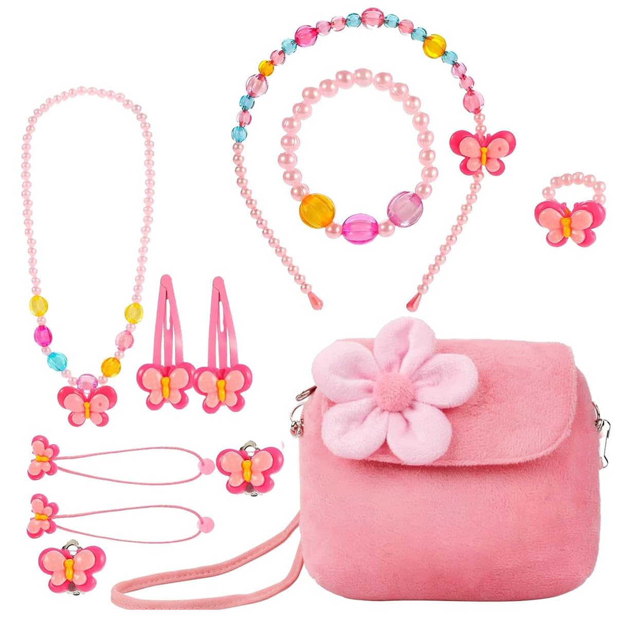 Venzina® Jewellery Set for Girls, Includes Plush Handbag, Necklace, Bracelet, Ring, Hairband, Hair Clips Kit, Cute Kids Princess Party Costume Jewelry for 3-10 Years Old Dress up Pretend Play