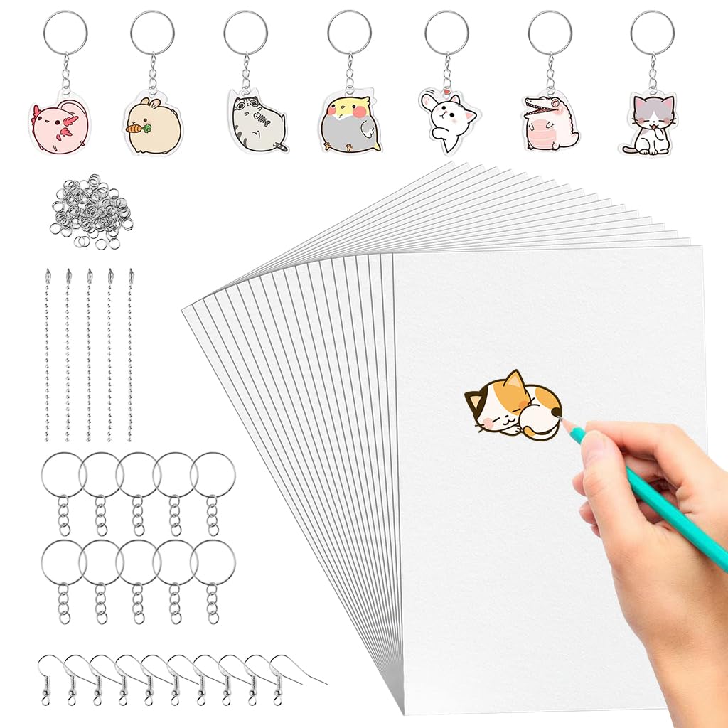 PATPAT Shrink Paper Sheet Kit for DIY Keychains with 20 Sheets and 100 Metal Hooks | Fun Craft Set for Kids and Adults
