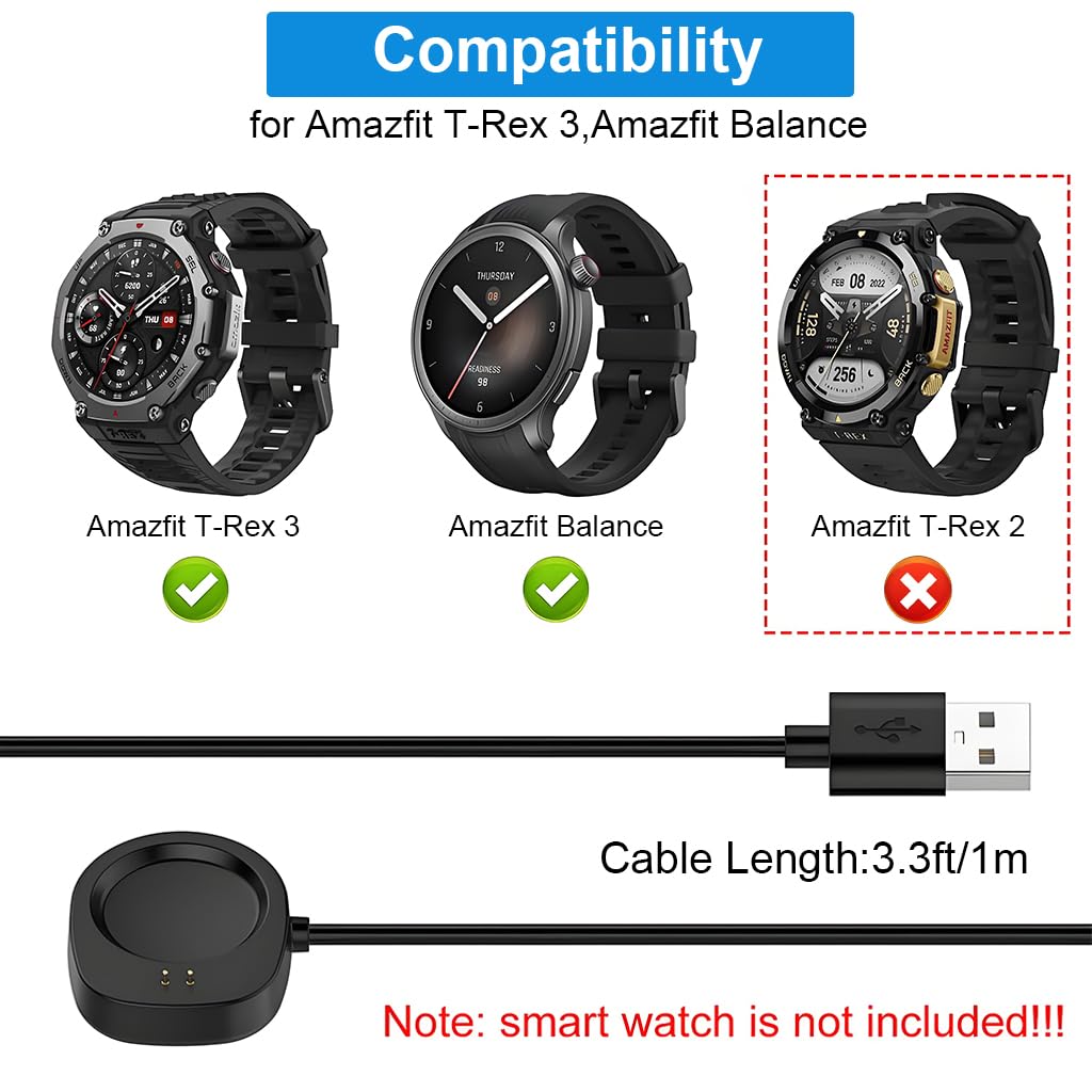 ZORBES Replacement Charger for Amazfit T-Rex 3 with 3.3 ft USB Cable | Stable Wireless Pad