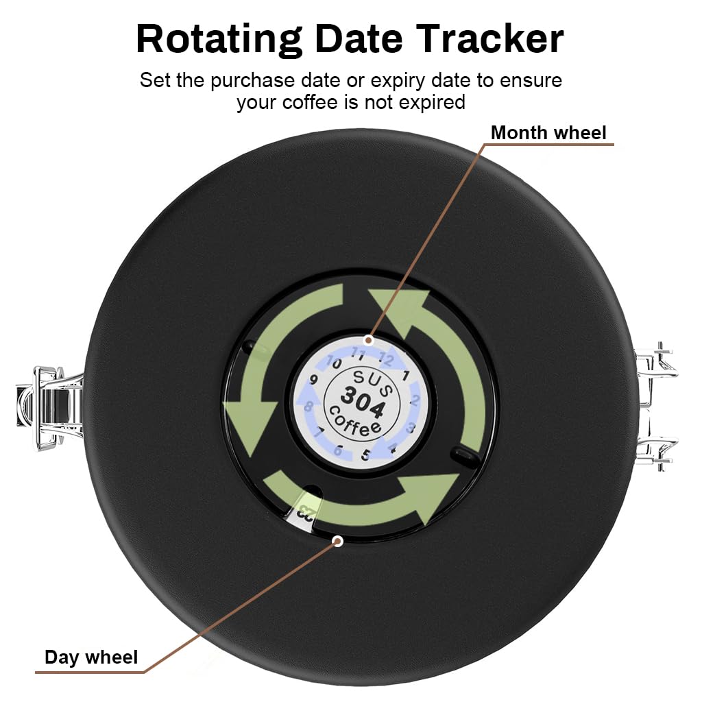 Supvox® Coffee Bean Canister 42Oz/1.2L Airtight 304 Stainless Steel Kitchen Food Container Food Storage Can with Date Tracker & Stainless Steel Scoop Canister Food Can for Coffee, Sugar, Tea, Flour