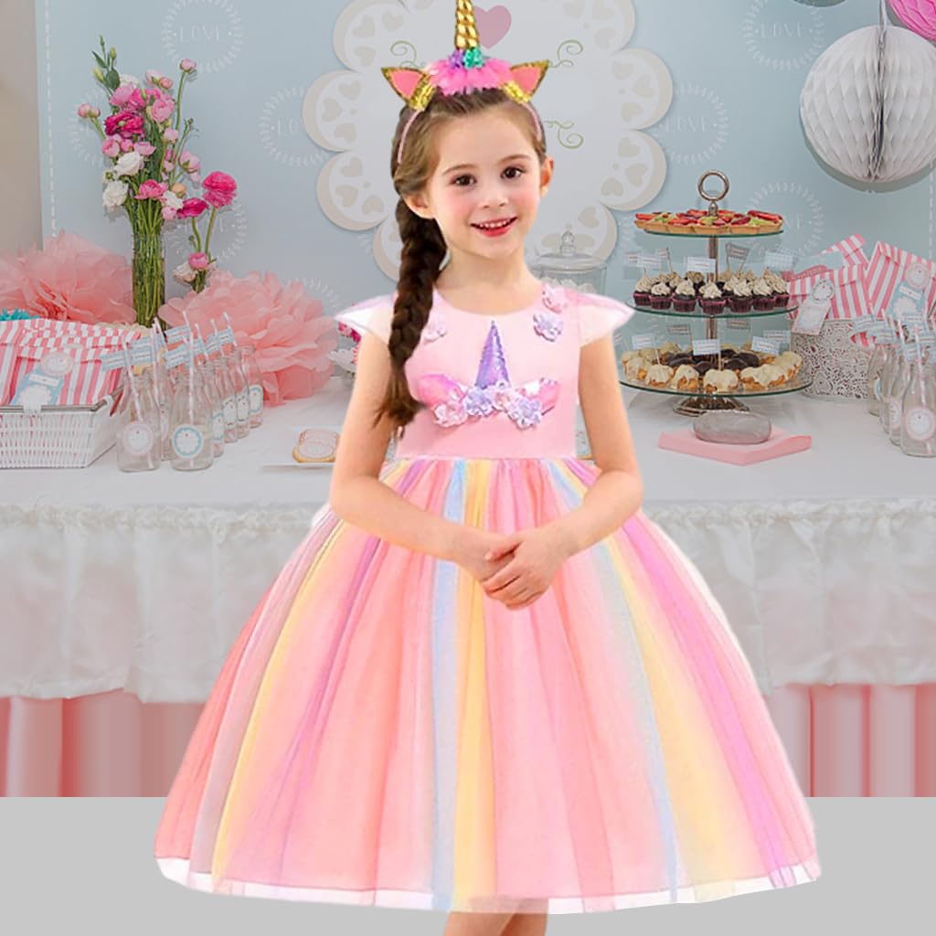 PATPAT Unicorn Princess Dress for Girls featuring 65cm length lace hem and cotton dacron fabric | ideal for parties and festivals